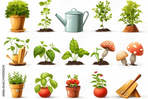Charming collection of home gardening vector icons, featuring variety of potted plants, tools, garden elements on white background. Toolkit, Neat and Organized. Home Hobby Icons, Illustration Art