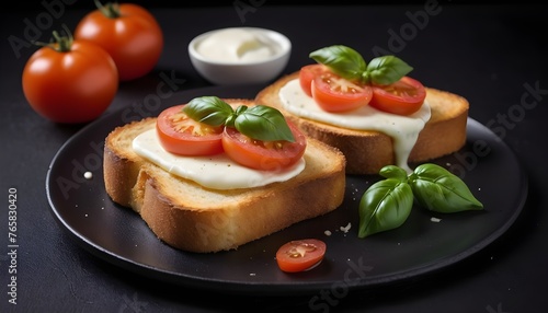 fried hot toast with mozzarella and tomatoes on black background