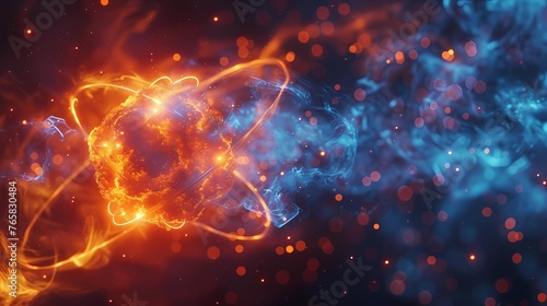 Dynamic depiction of electron clouds surrounding an atomic nucleus, pulsating with energy and fluctuating in density