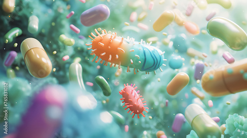 3D illustration of colorful bacteria and antibiotic pills suspended in a microscopic environment
