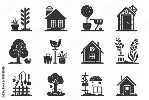 Monochrome black and white vector icons of garden tools and plants. Home Gardening Illustration Icon Set, logo. Isolated white background