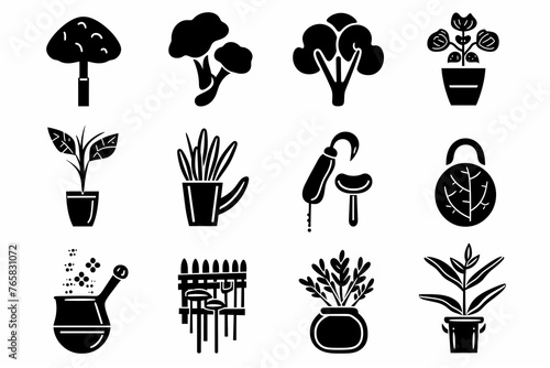 Monochrome black and white vector icons of garden tools and plants. Home Gardening Illustration Icon Set, logo. Isolated white background
