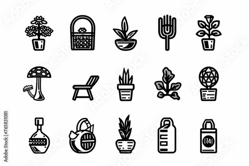 Monochrome black and white vector icons of garden tools and plants. Home Gardening Illustration Icon Set, logo. Isolated white background