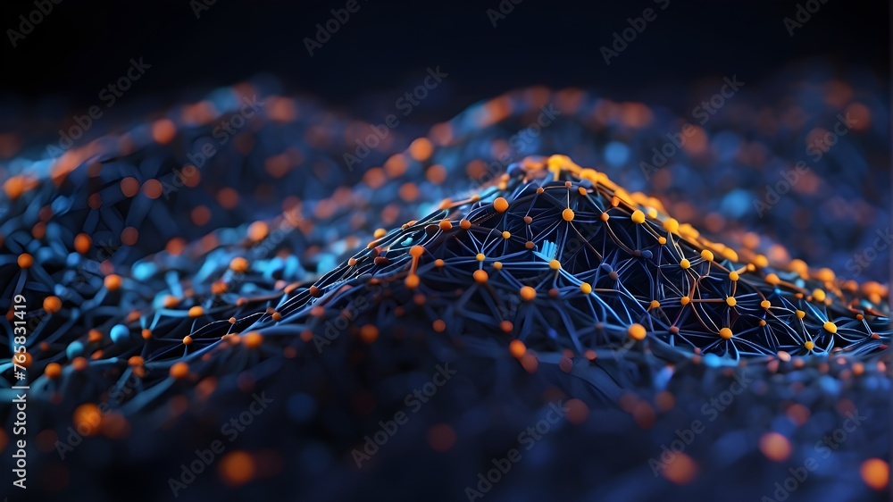 A blue background that is abstract and features colored dots and lines woven together. background that is abstract. Structure of network connections - obrazy, fototapety, plakaty 
