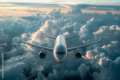 The front view of a commercial jet airliner emerges above a dense layer of cumulus clouds, illuminated by the soft light of a setting or rising sun. photo