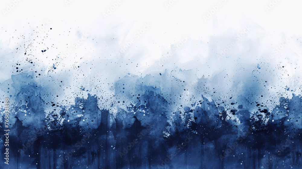 Abstract watercolor style layout. Black, dark and light blue paint stains and splatter on a white background. Irregular stains and splash print. Artistic dotted layout. - obrazy, fototapety, plakaty 