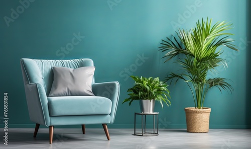 In the living room, there is a blue armchair set against a blue wall and some plants are placed in the room.
