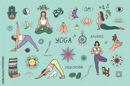 Yoga meditation elements vector illustrations set. photo