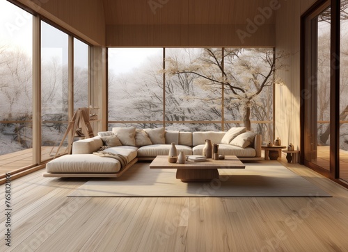 Interior design. Modern living room with  white sofa, wooden floor, carpet and window with nature view. 3D rendering image © Faith Stock