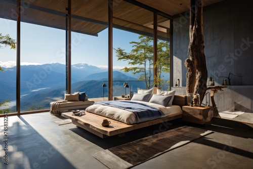 Luxury modern bedroom with mountain view, interior design concept. 3D rendering image © Faith Stock