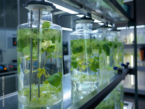 Rows of plant specimens growing in nutrient media within glass vessels under controlled laboratory conditions
