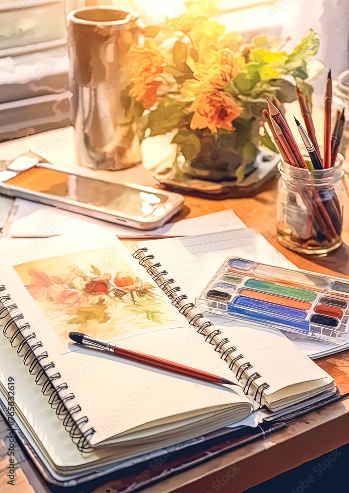 A laptop is on a table with a notebook and a cup of coffee. The notebook is open to a page with a drawing of a cityscape A laptop is on a table with a notebook and a cup of coffee. The notebook is open to a page with a drawing of a cityscape