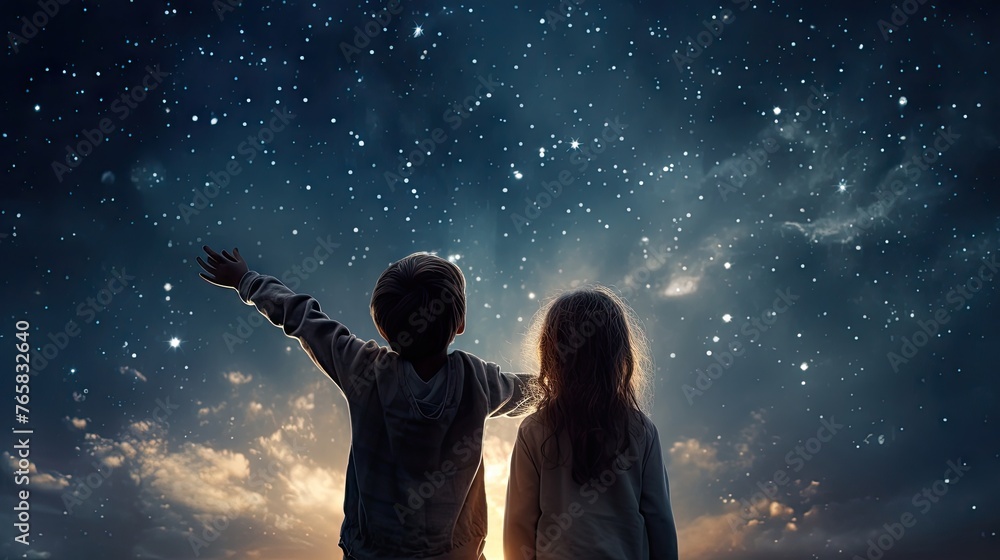 Romantic Couple Gazing at Starry Sky, Embracing Dreams of Space Exploration Together. Young Man and Woman Holding Hands, Contemplating Cosmos in Shared Aspiration for the Stars. Love and Wonder.