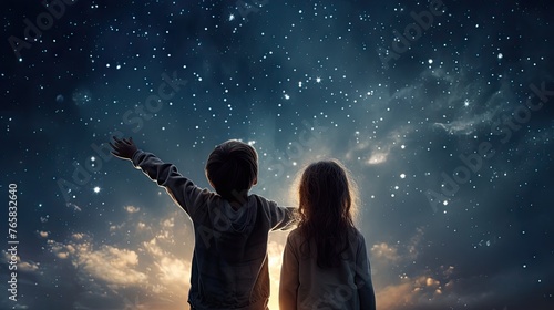 Romantic Couple Gazing at Starry Sky, Embracing Dreams of Space Exploration Together. Young Man and Woman Holding Hands, Contemplating Cosmos in Shared Aspiration for the Stars. Love and Wonder.
