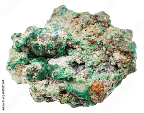 close up of sample of natural stone from geological collection - raw malachite ore isolated on white background from Ural