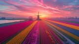 Dutch windmill on the field of tulips, loud colors