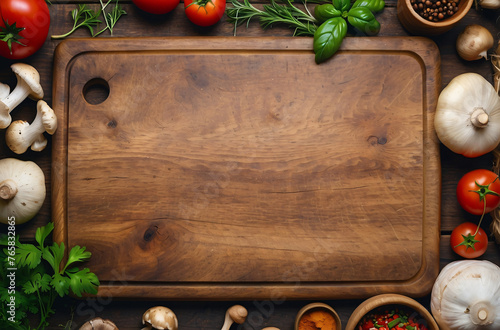Food cooking background  ingredients for preparation vegan dishes  vegetables  roots  spices  mushrooms and herbs. Old cutting board. Healthy food concept. Rustic wooden table background  top view. ai