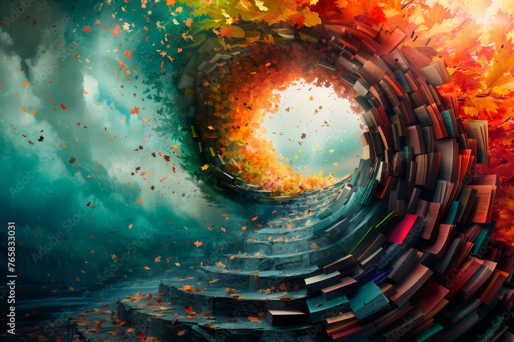 Fototapeta premium This vibrant artwork captures a circular portal created by swirling books leading into a bright autumnal world, with leaves caught in a whimsical dance on the breeze.