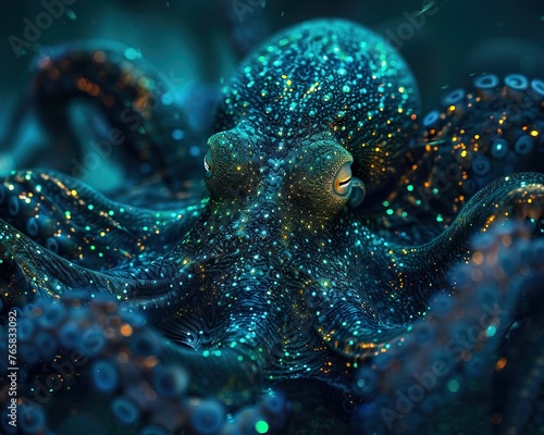 Surreal Octopus with Bioluminescent Glowing Particles in a Mystical Underwater Scene