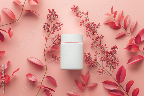 Cosmetic Jar Amongst Red Botanicals on Pink