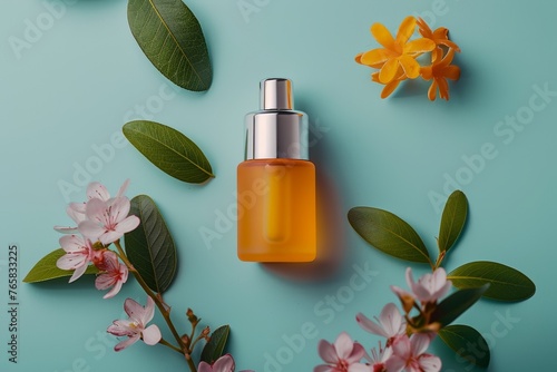 Botanical Serum Bottle on Serene Aqua Background