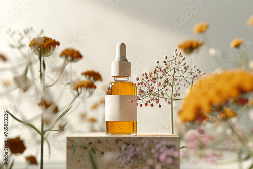 Natural Skincare Oil Amidst Blooming Flowers