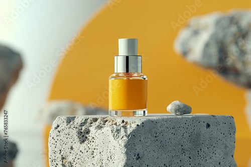 Modern Perfume Bottle on Stone with Sunset Backdrop
