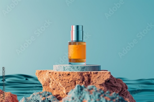Elegant Serum Bottle on Marble Over Ocean Waves
