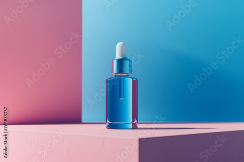 Futuristic Dropper Bottle on Geometric Pink and Blue Background