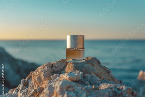 Golden Hour Skincare Jar on Rocky Seashore