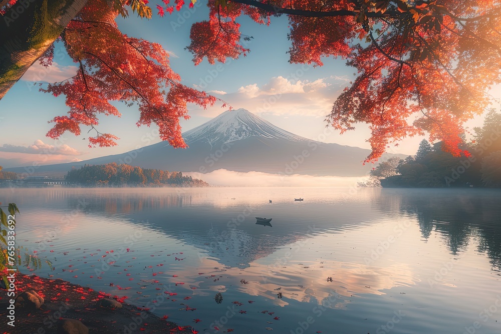 Colorful Autumn Season and Mountain Fuji with morning fog and red leaves at lake Kawaguchiko is one of the best places in Japan