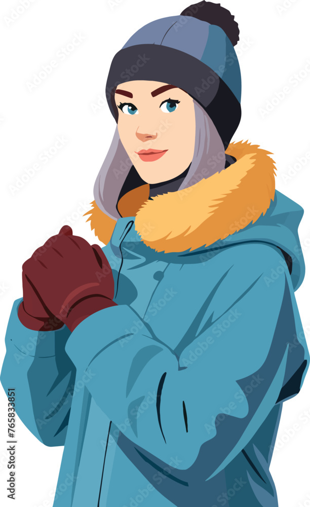 Obraz premium Illustration of a blonde woman dressed warmly in a coat and beanie-