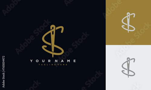 Initial letter s sewing logo formed from thread and needle with gold colour