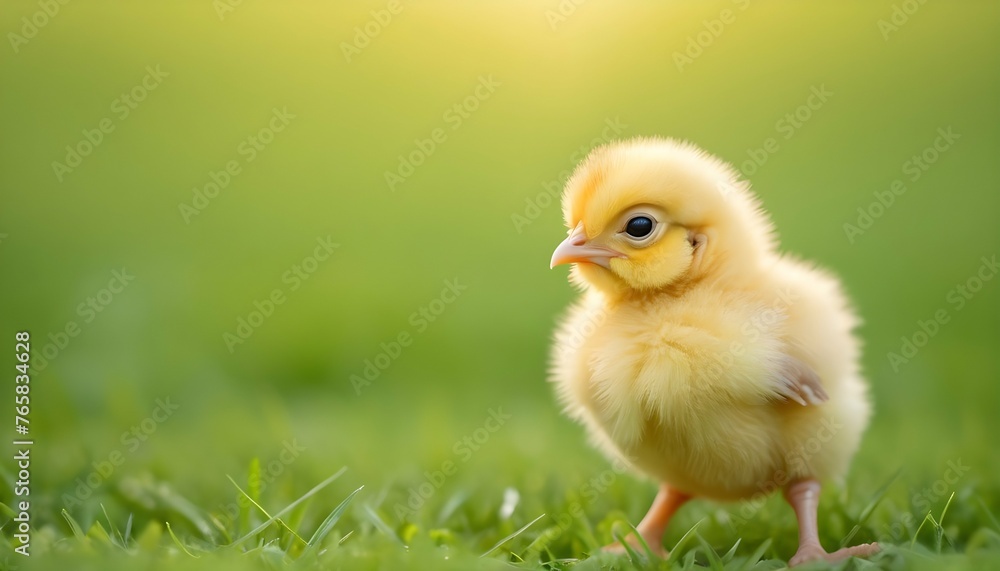 cute little tiny newborn yellow baby chick on green field background