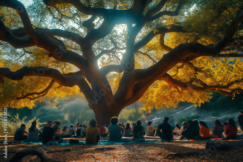 Under the sprawling branches of an ancient oak tree, a group of people are seated in meditation, surrounded by a forest bathed in golden light.