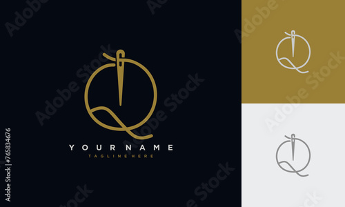 Initial letter q sewing logo formed from thread and needle with gold colour