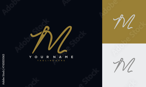 Initial letter m sewing logo formed from thread and needle with gold colour