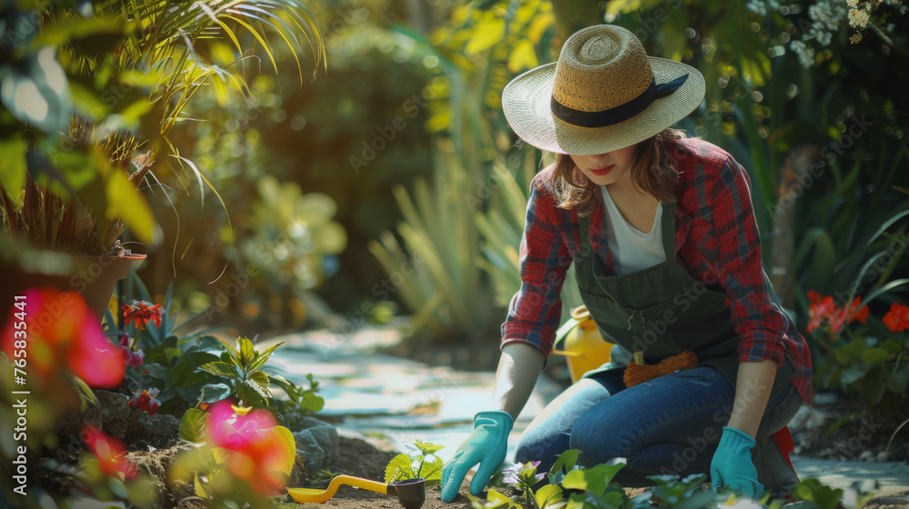 A woman in an apron and gloves holds a watering can among lush garden plants.