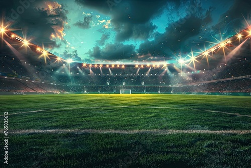 Dramatic soccer stadium with bleachers full of people. Grass, lights stadium, and all other elements