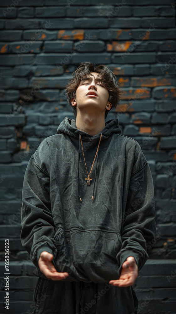 Portrait of Asian attractive man against background of black brick wall