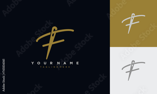 Initial letter f sewing logo formed from thread and needle with gold colour