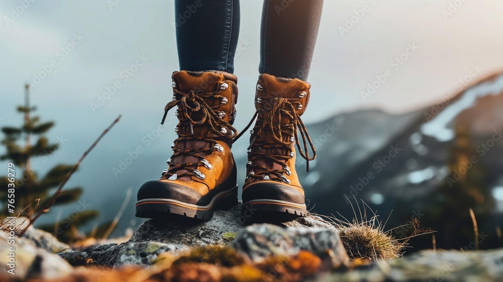 Foot In Boot Woman hiker's feet in hiking boots standing on edge of a cliff, top of ...