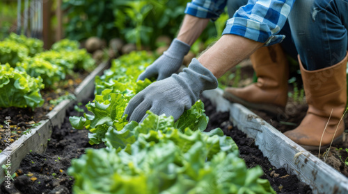 A pair of gloved hands tend to lettuce in a raised garden bed.