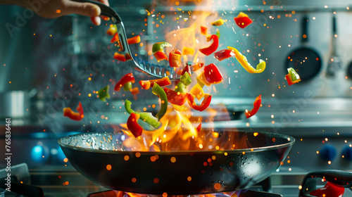 A pan with colorful vegetables is being flambeed on a gas stove.