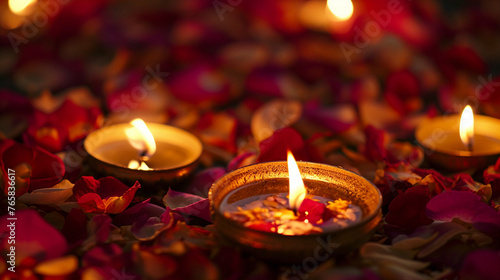 golden diya candles gleaming amongst flower petals photo