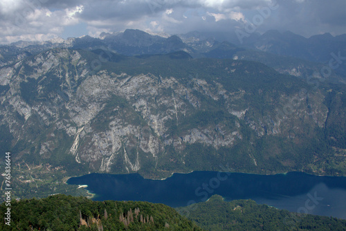 view while paragliding over Lake Bohinj, Slovenia