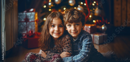 two kids, children, boy and girl cuddling, love between siblings on christmas with christmas presents and christmas tree in evening in the living room