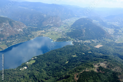 view while paragliding over Lake Bohinj  Slovenia