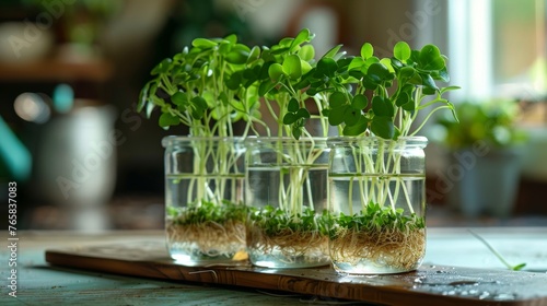 Hydroponic sprouts with roots in glass. Biotechnology, Science of Genetic Engineering. Genetically modified plants, laboratory, plants obtained by new genomics techniques, mutagenesis. Generative ai
