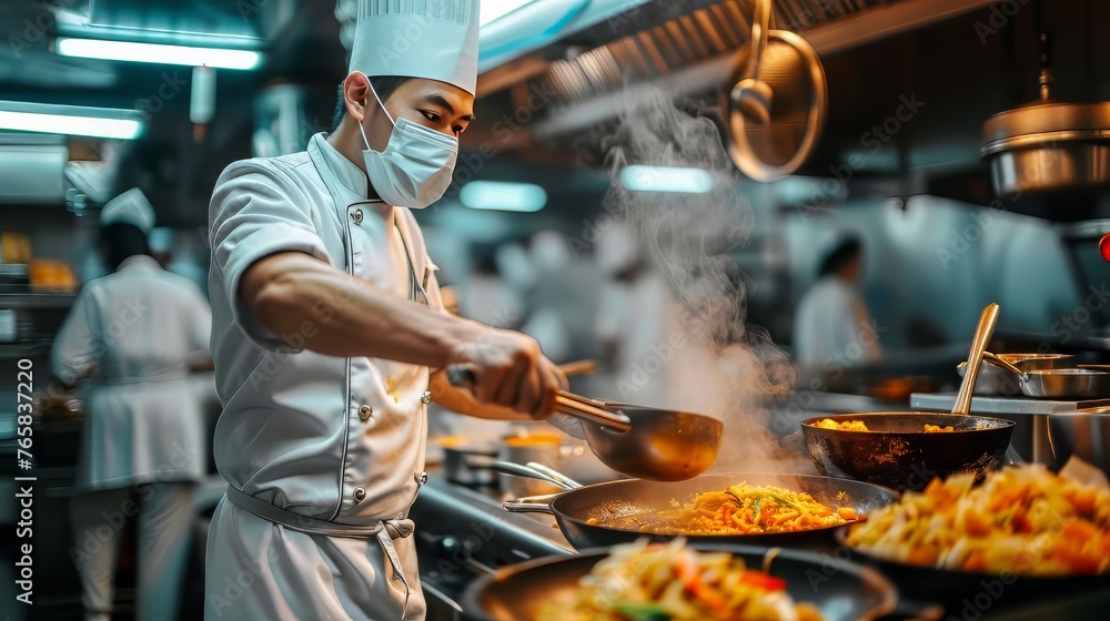 Chef cooking food on frying pan in kitchen Chef cooking food on frying pan in kitchen